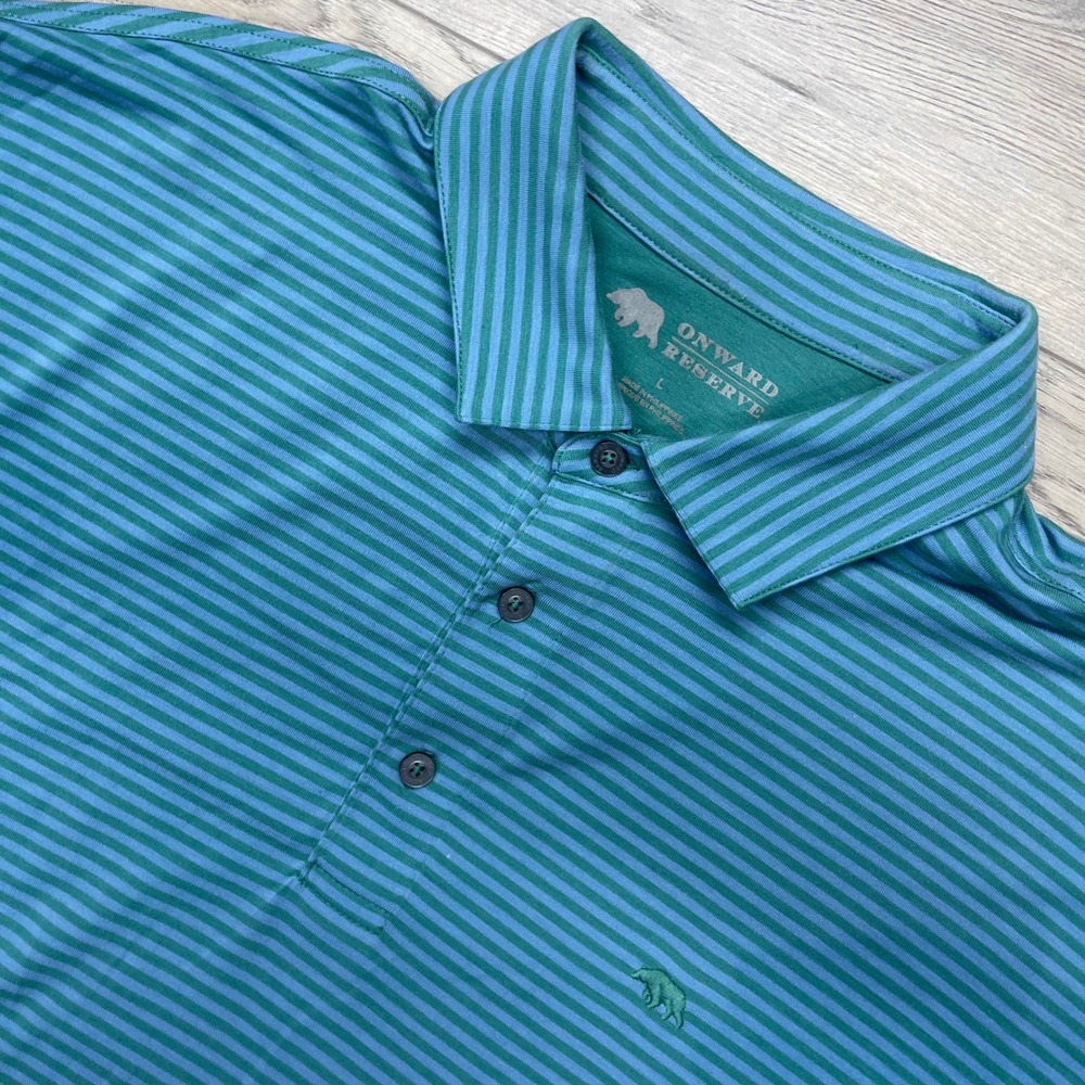 Onward Reserve Polo Shirt Mens Large Teal Blue Striped Short Sleeve Logo FAIR